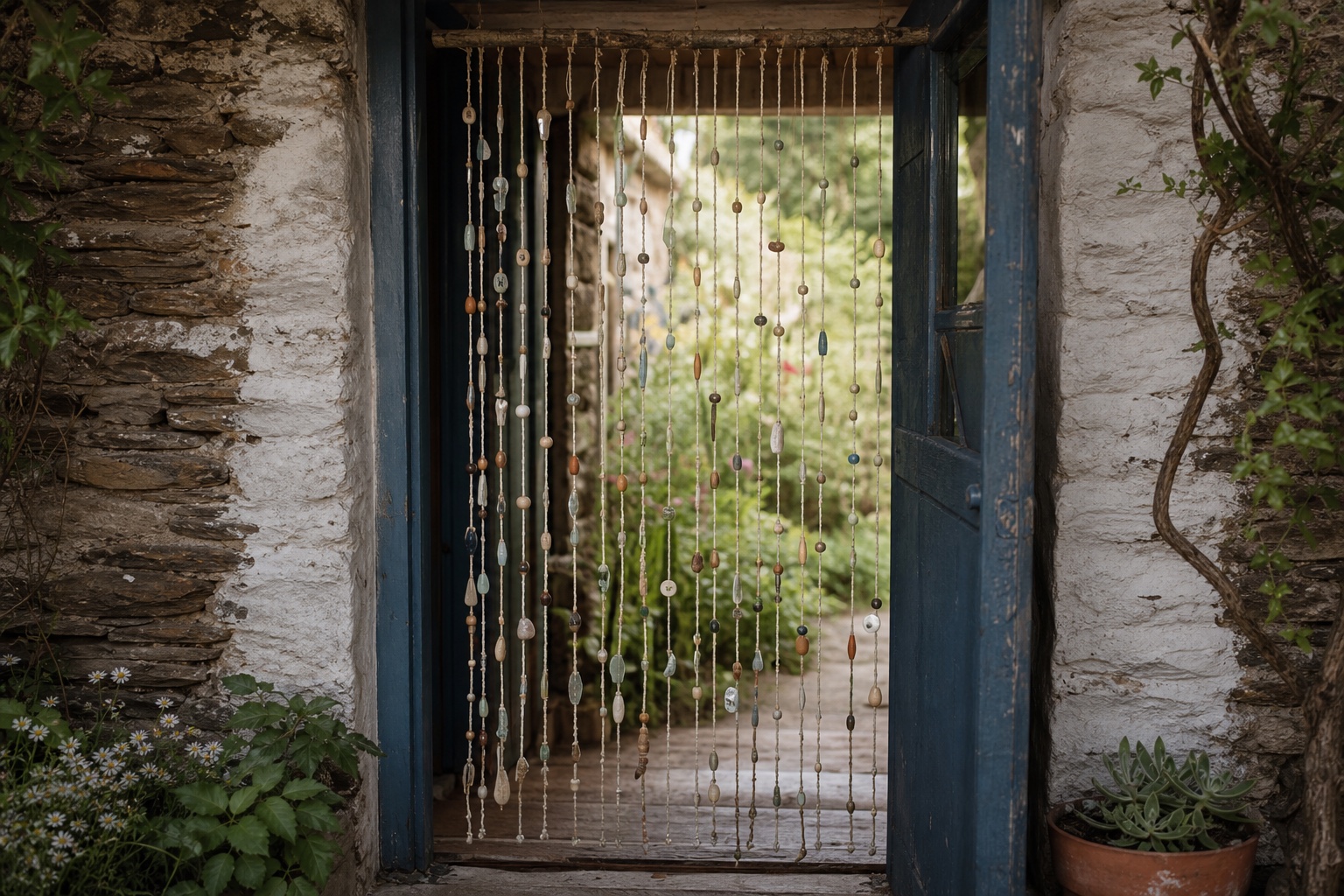 A handcrafted beaded doorway curtain hanging in a blue cottage doorway.
