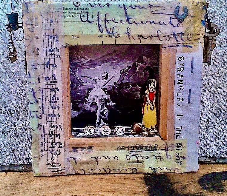 Miniature mixed-media assemblage using Charlotte's 1901 letter as decoupage, a Snow White figurine and treasured keepsakes.