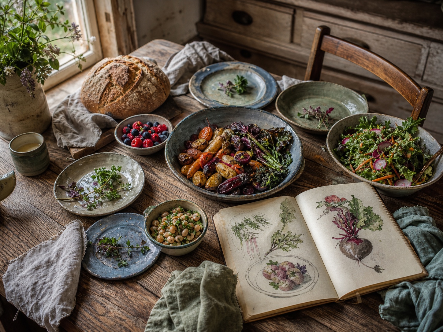 A seasonal vegan meal in handmade ceramics on a cottage table.