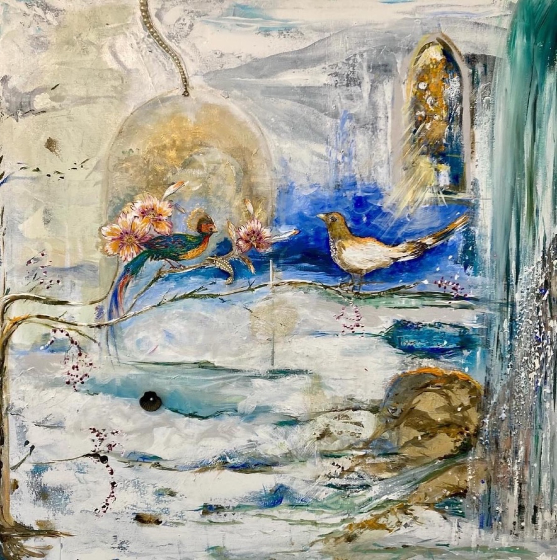 Recent exhibition painting by Bobbi Meddings with two birds, blossom, a blue window and layered mixed-media texture.