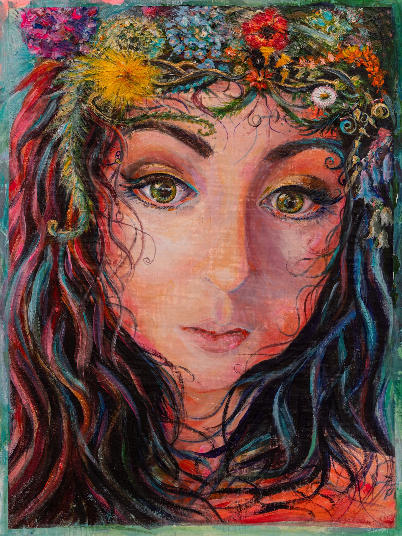 Recent exhibition portrait painting by Bobbi Meddings of a figure with a flower crown and vivid layered colour.