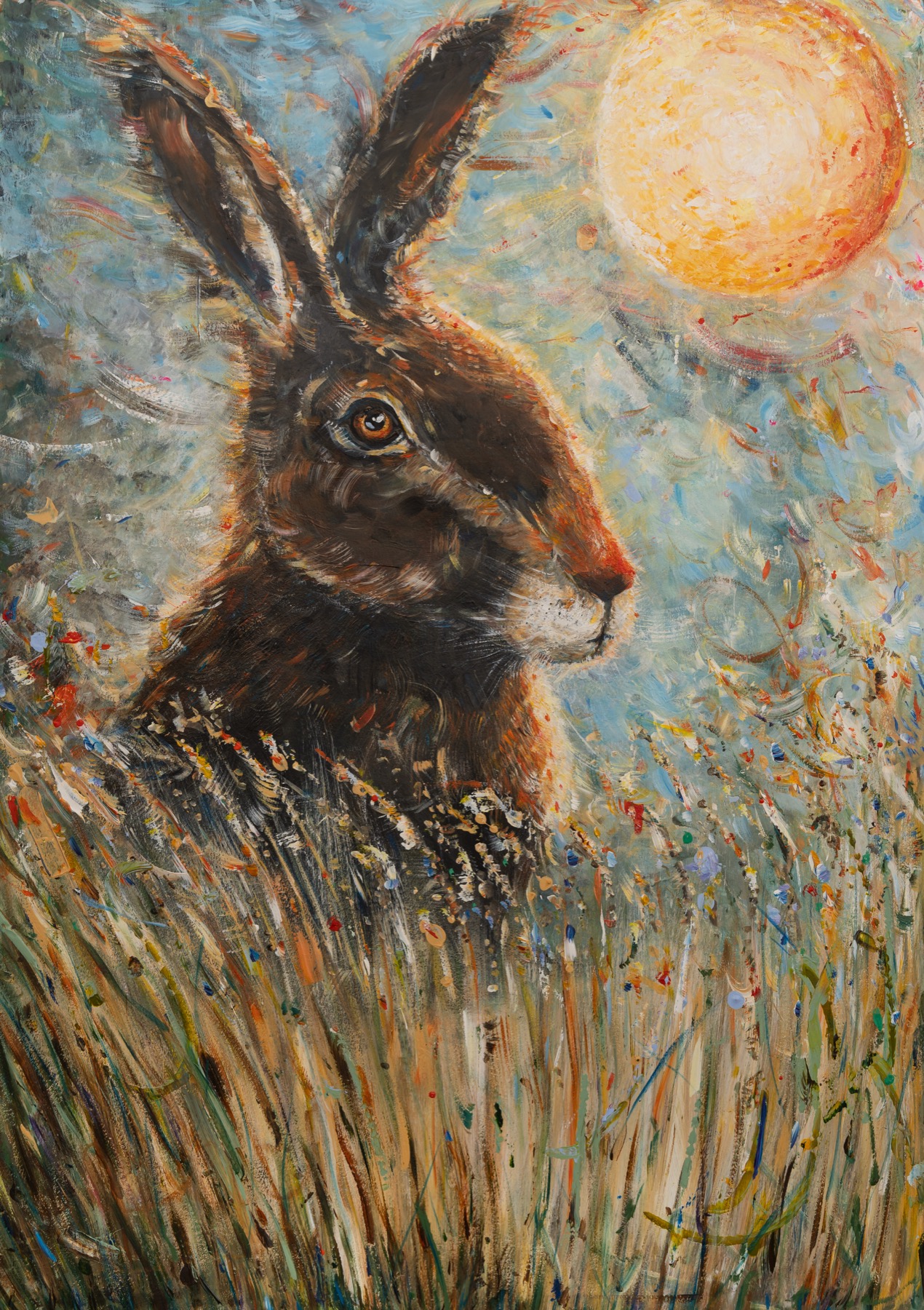 Recent exhibition painting by Bobbi Meddings showing a hare in a meadow beneath a glowing sun.