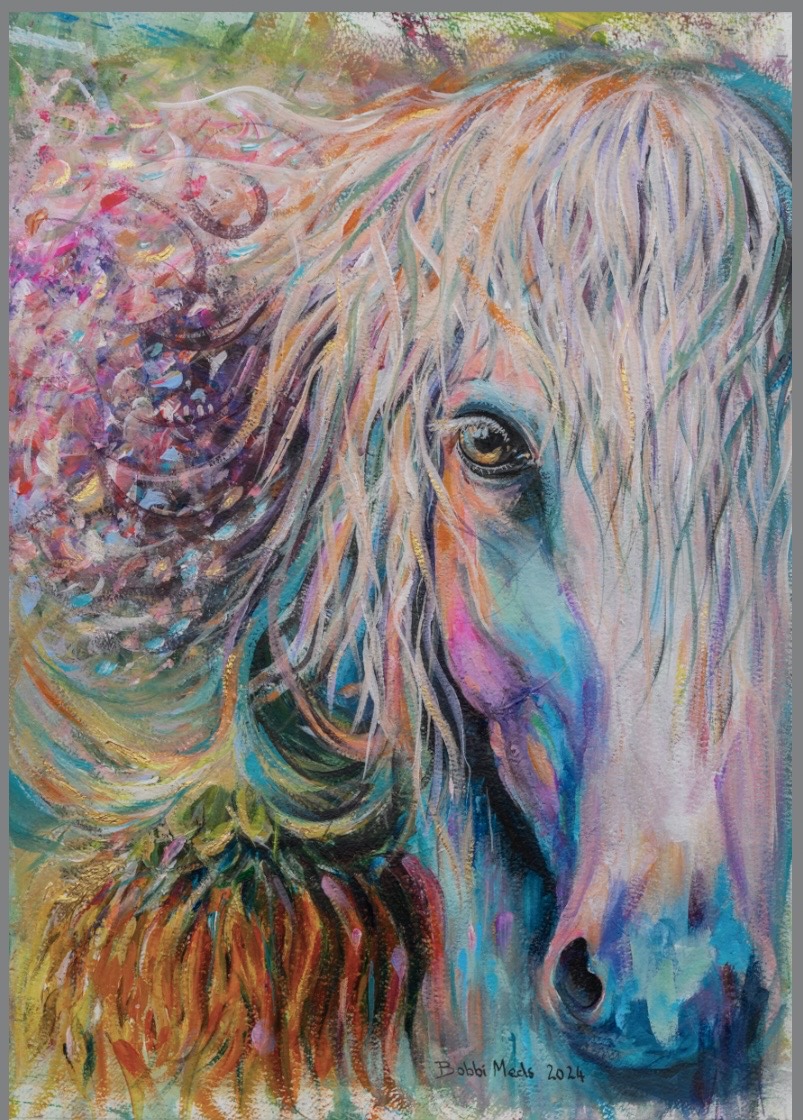 I See You, an acrylic painting on Fabriano by Bobbi Meddings showing a close white horse portrait with expressive colour and texture.