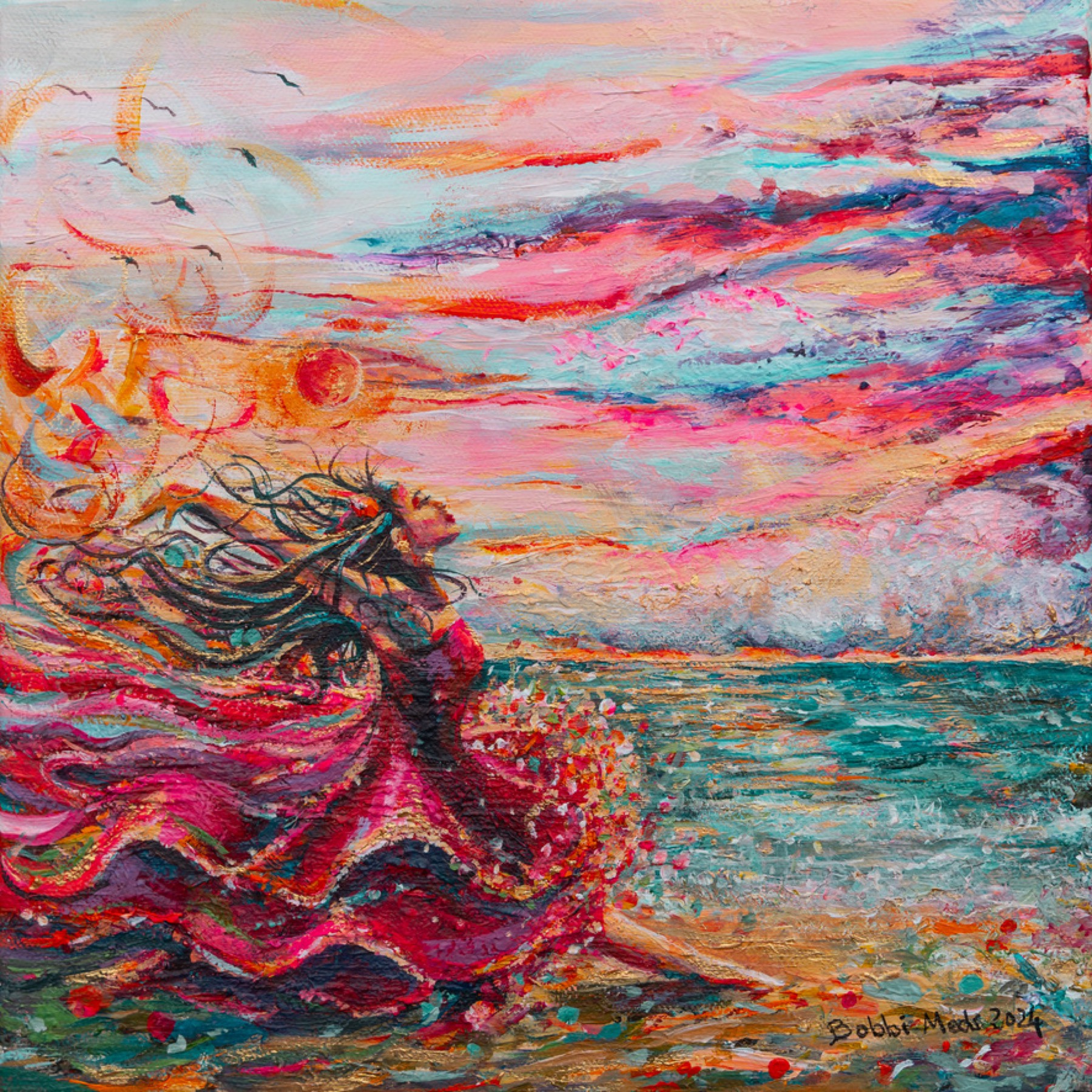 Recent exhibition painting by Bobbi Meddings showing a windblown figure beside a vivid sea and pink-orange sky.