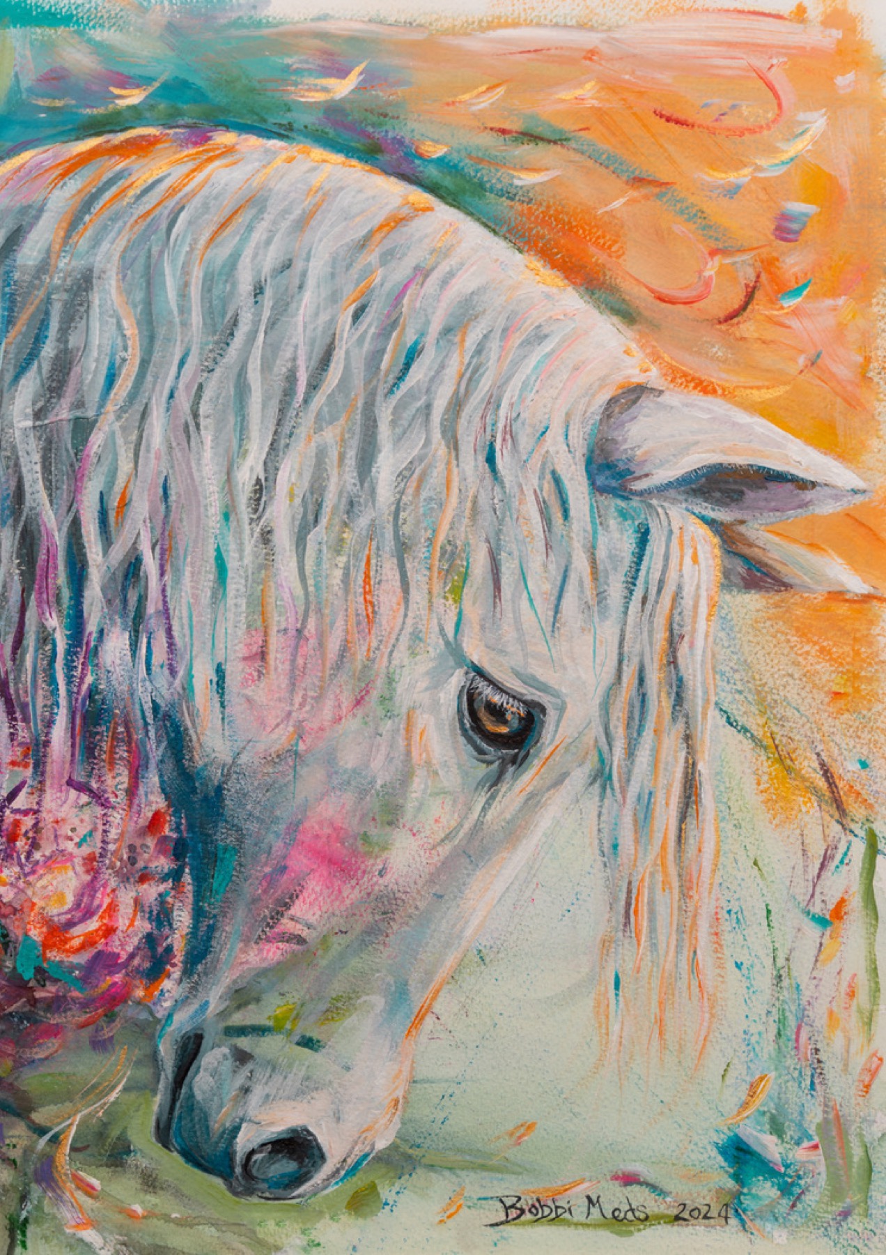 Recent exhibition painting by Bobbi Meddings showing a white horse with expressive pastel colour and movement.