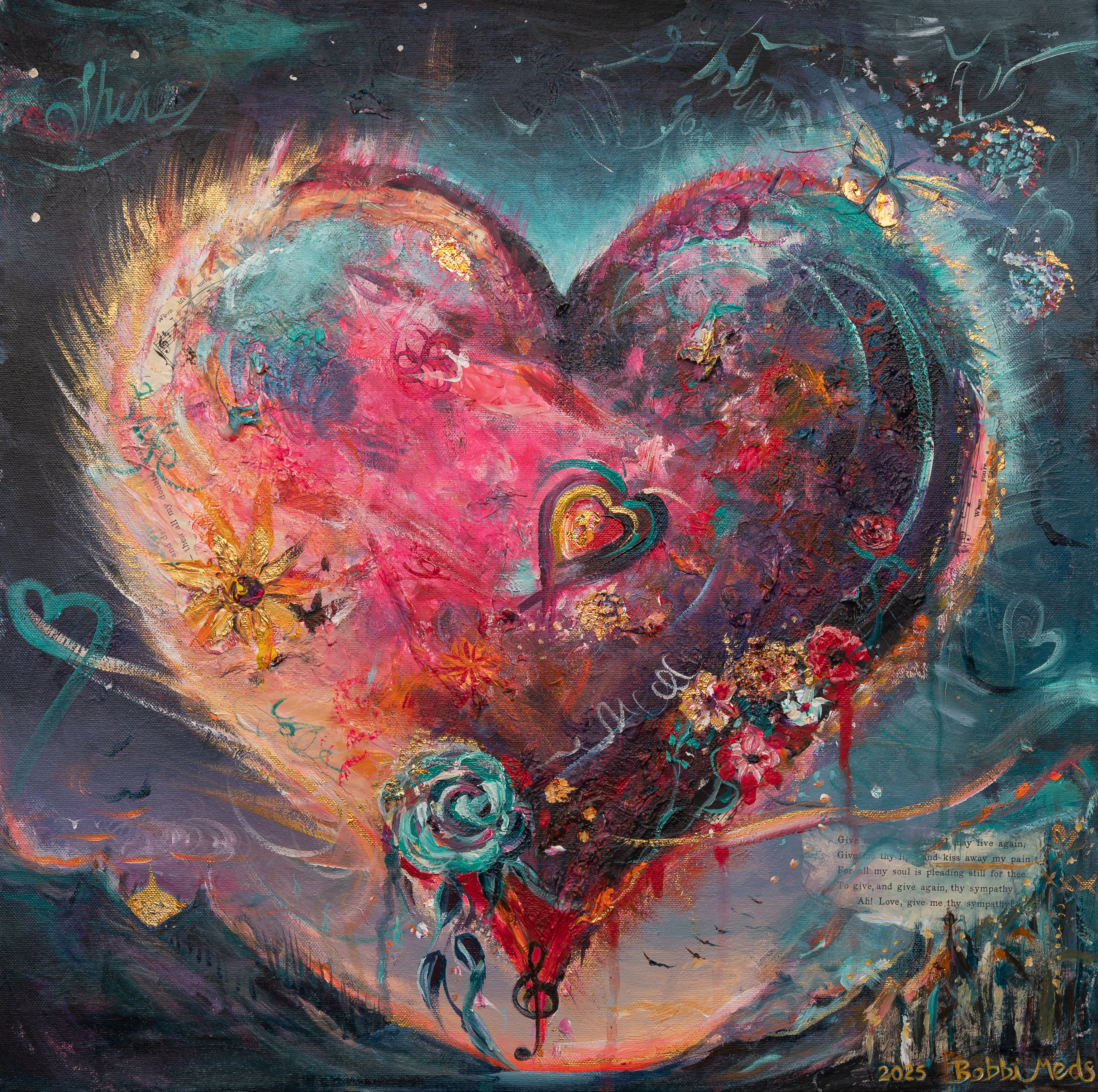 Plentiful Heart, an acrylic and mixed-media heart painting by Bobbi Meddings with layered paint, texture, flowers and musical fragments.