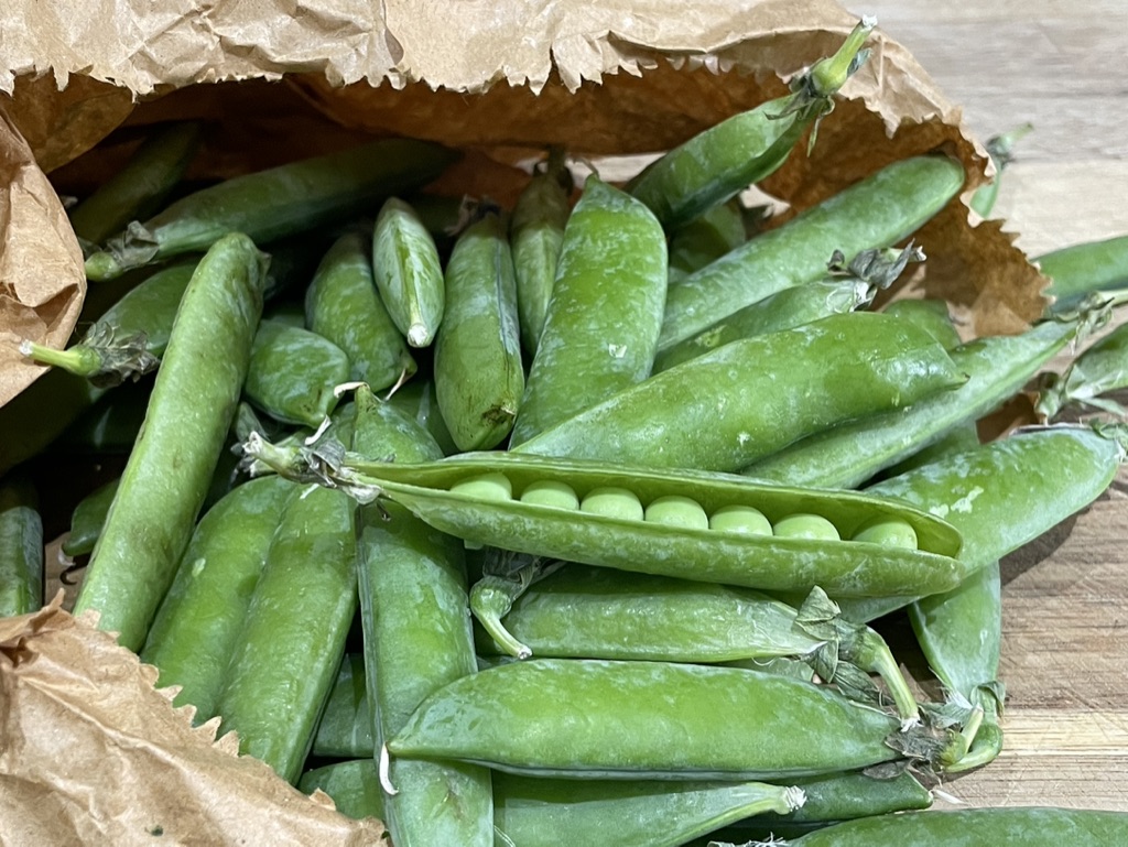 Green pea pods in a brown paper bag, with one pod open to show peas.