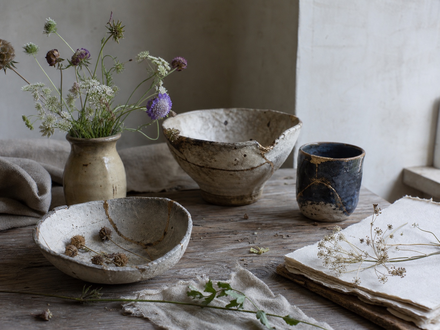 Weathered handmade ceramics, wildflowers and old paper in soft window light.