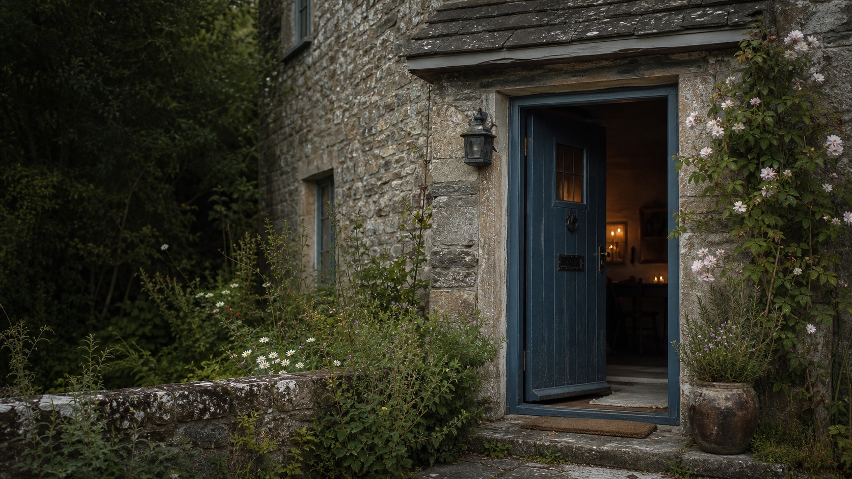 A cottage doorway surrounded by wildflowers and weathered stone.